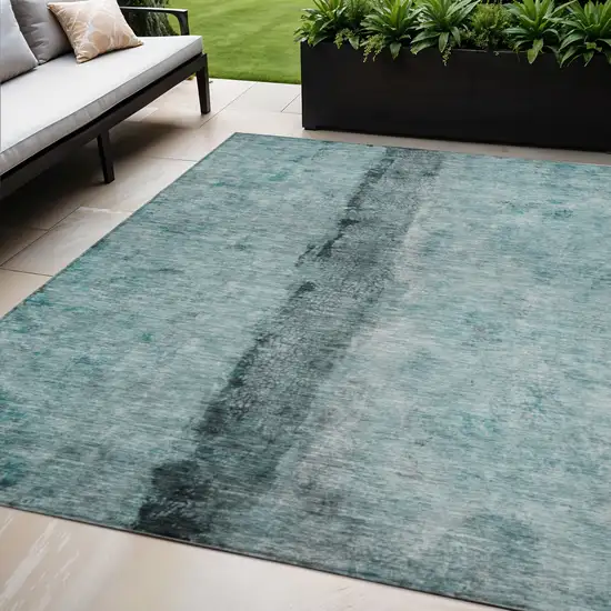 Teal Blue Aqua And Charcoal Abstract Washable Indoor Outdoor Area Rug Photo 1