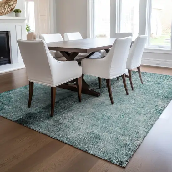 Teal Blue Aqua And Charcoal Abstract Washable Indoor Outdoor Area Rug Photo 8