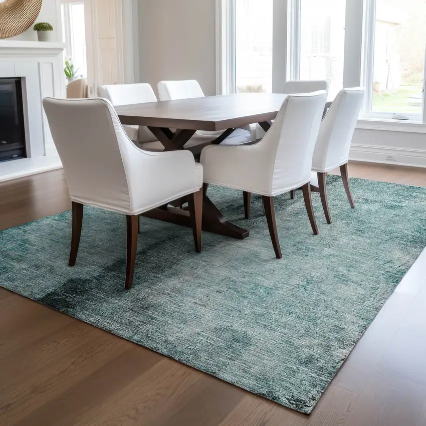 Teal Blue Aqua And Charcoal Abstract Washable Indoor Outdoor Area Rug Photo 8