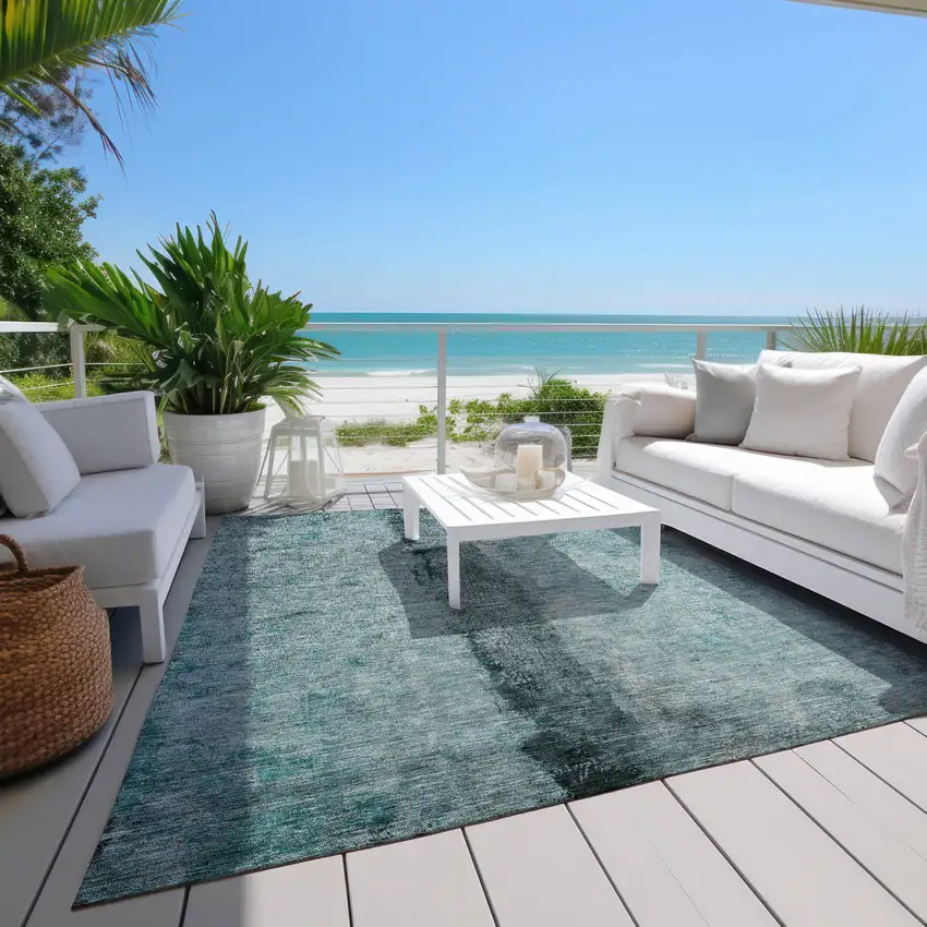 Teal Blue Aqua And Charcoal Abstract Washable Indoor Outdoor Area Rug Photo 9