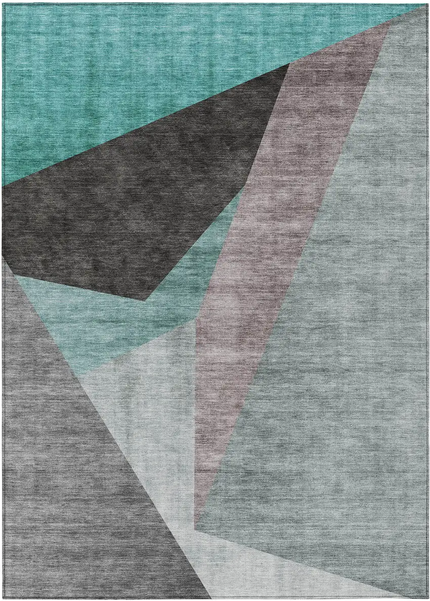 Teal Blue Aqua And Charcoal Abstract Washable Indoor Outdoor Area Rug Photo 1
