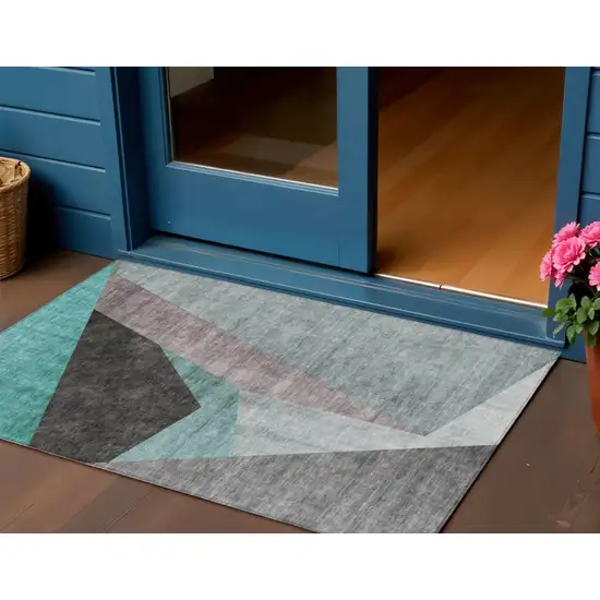 Teal Blue Aqua And Charcoal Abstract Washable Indoor Outdoor Area Rug Photo 1