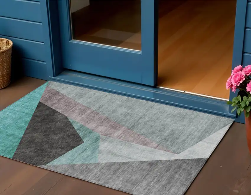 Teal Blue Aqua And Charcoal Abstract Washable Indoor Outdoor Area Rug Photo 1