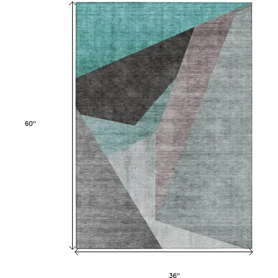 Teal Blue Aqua And Charcoal Abstract Washable Indoor Outdoor Area Rug Photo 3