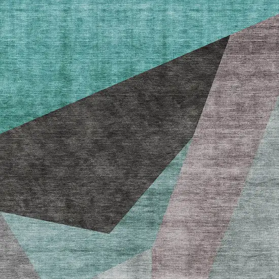 Teal Blue Aqua And Charcoal Abstract Washable Indoor Outdoor Area Rug Photo 4