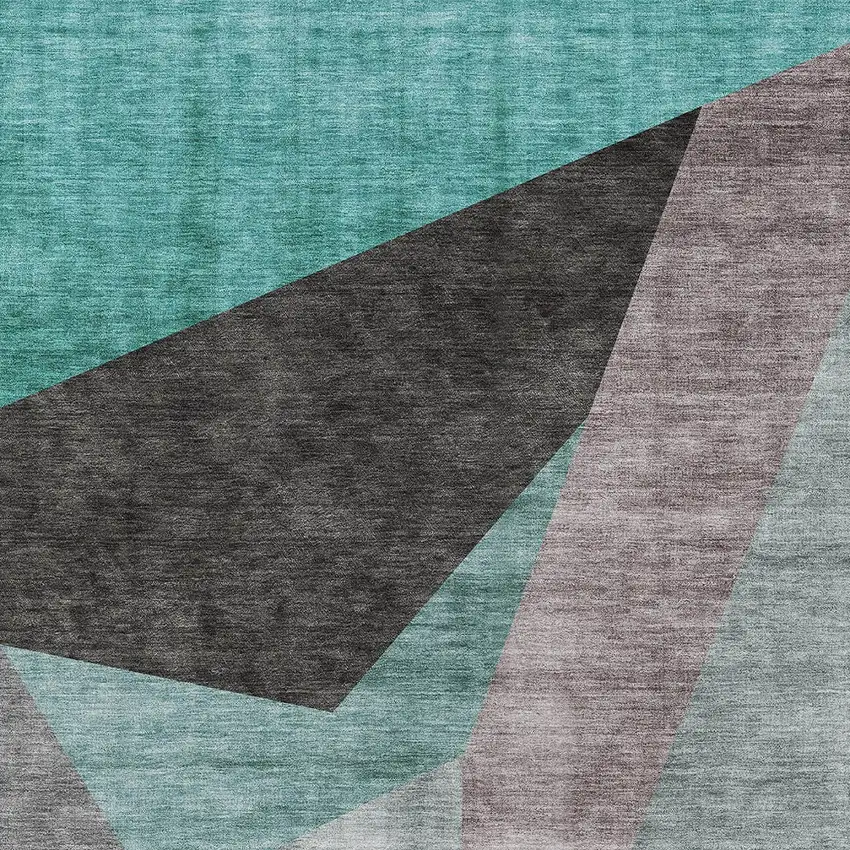Teal Blue Aqua And Charcoal Abstract Washable Indoor Outdoor Area Rug Photo 4