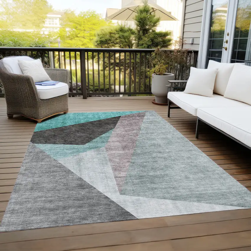 Teal Blue Aqua And Charcoal Abstract Washable Indoor Outdoor Area Rug Photo 9