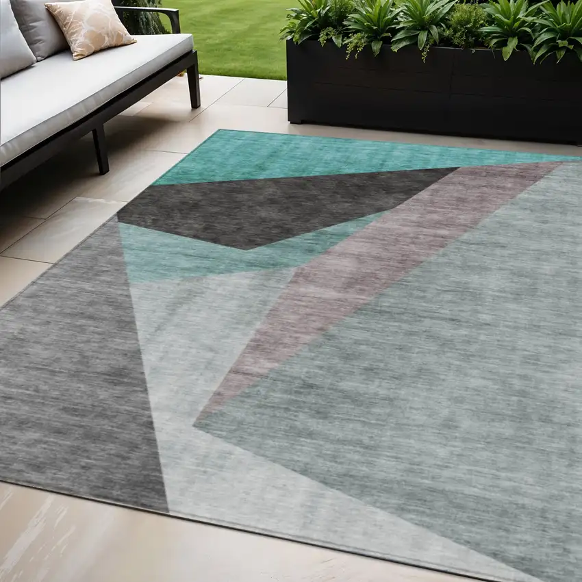 Teal Blue Aqua And Charcoal Abstract Washable Indoor Outdoor Area Rug Photo 1