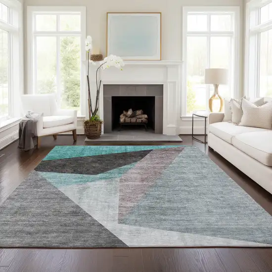 Teal Blue Aqua And Charcoal Abstract Washable Indoor Outdoor Area Rug Photo 7