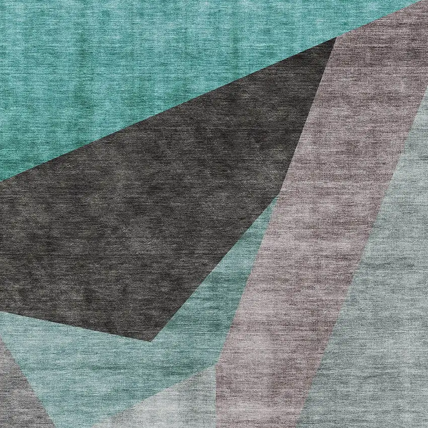 Teal Blue Aqua And Charcoal Abstract Washable Indoor Outdoor Area Rug Photo 5