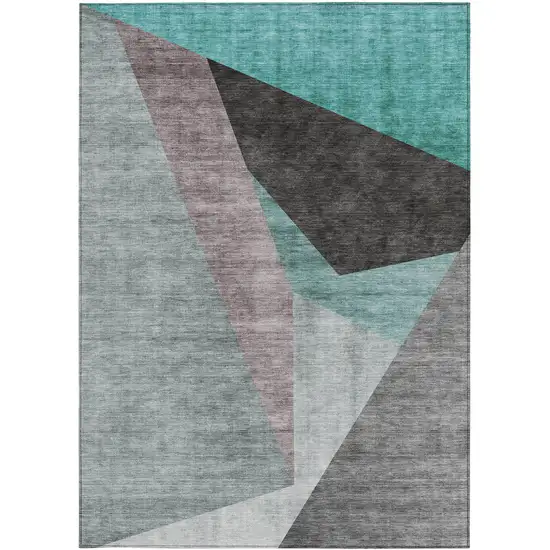 Teal Blue Aqua And Charcoal Abstract Washable Indoor Outdoor Area Rug Photo 5