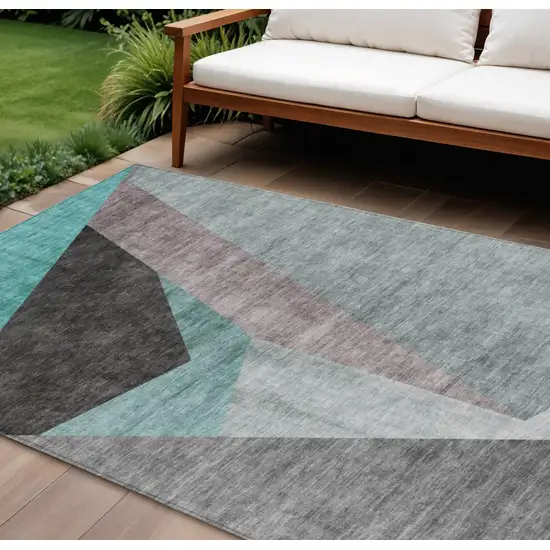 Teal Blue Aqua And Charcoal Abstract Washable Indoor Outdoor Area Rug Photo 1