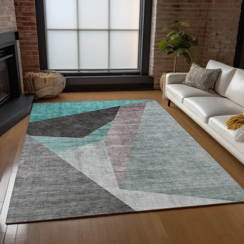 Teal Blue Aqua And Charcoal Abstract Washable Indoor Outdoor Area Rug Photo 7