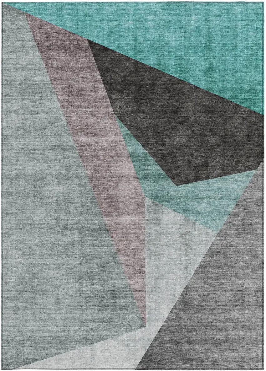 Teal Blue Aqua And Charcoal Abstract Washable Indoor Outdoor Area Rug Photo 4