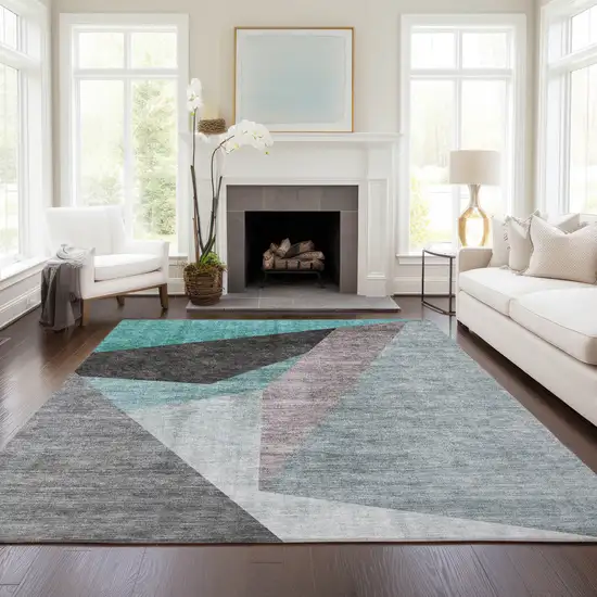 Teal Blue Aqua And Charcoal Abstract Washable Indoor Outdoor Area Rug Photo 7