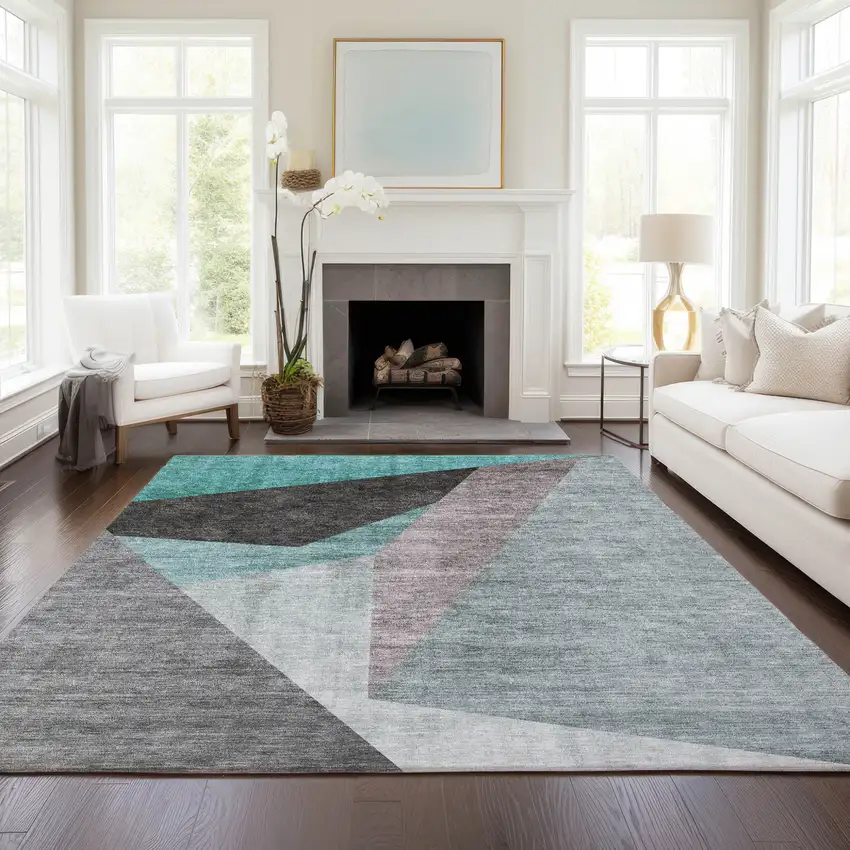 Teal Blue Aqua And Charcoal Abstract Washable Indoor Outdoor Area Rug Photo 7