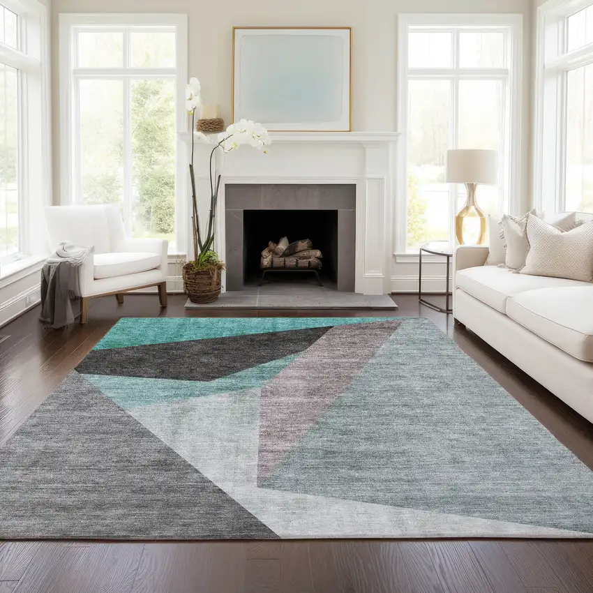 Teal Blue Aqua And Charcoal Abstract Washable Indoor Outdoor Area Rug Photo 7