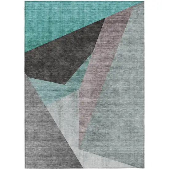 Teal Blue Aqua And Charcoal Abstract Washable Indoor Outdoor Area Rug Photo 1