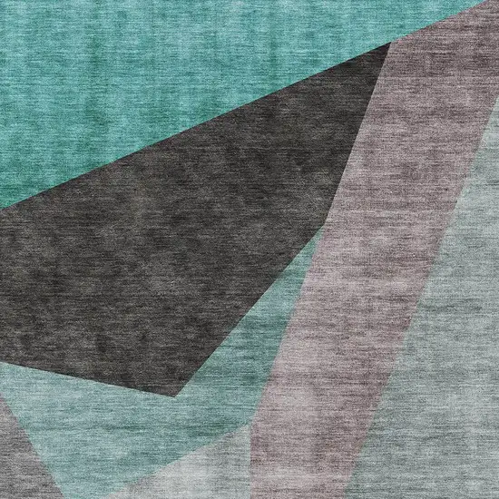 Teal Blue Aqua And Charcoal Abstract Washable Indoor Outdoor Area Rug Photo 4