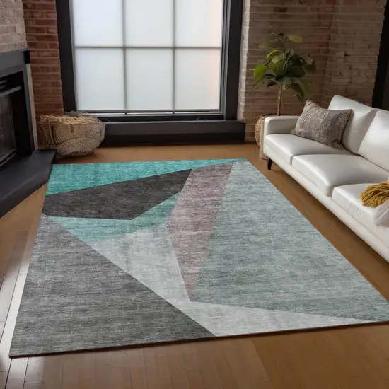 Teal Blue Aqua And Charcoal Abstract Washable Indoor Outdoor Area Rug Photo 8