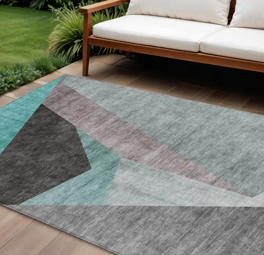 Teal Blue Aqua And Charcoal Abstract Washable Indoor Outdoor Area Rug Photo 1