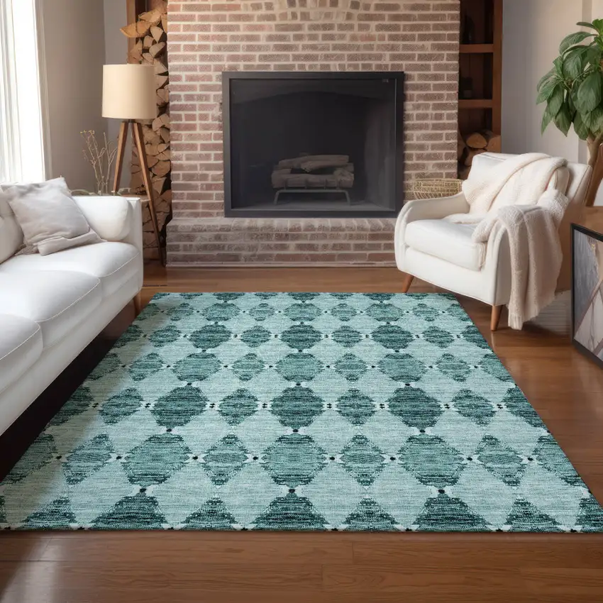 Teal Blue Aqua And Charcoal Moroccan Washable Indoor Outdoor Area Rug Photo 7