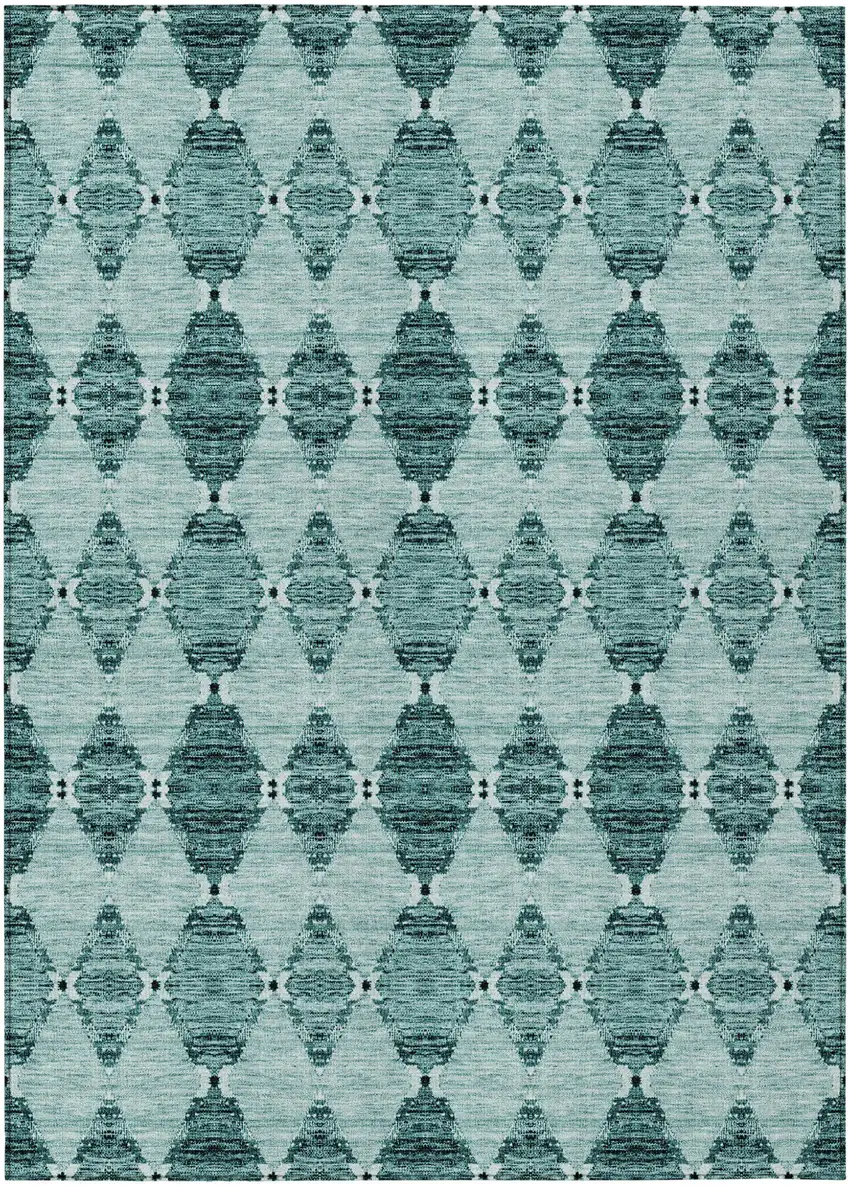 Teal Blue Aqua And Charcoal Moroccan Washable Indoor Outdoor Area Rug Photo 2