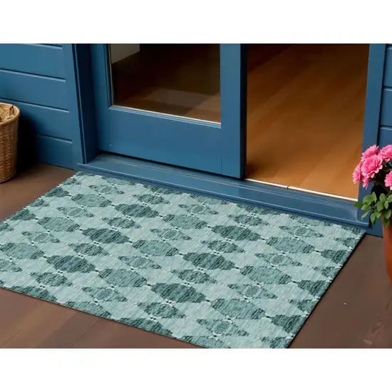 Teal Blue Aqua And Charcoal Moroccan Washable Indoor Outdoor Area Rug Photo 1