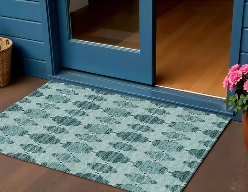 Teal Blue Aqua And Charcoal Moroccan Washable Indoor Outdoor Area Rug Photo 1