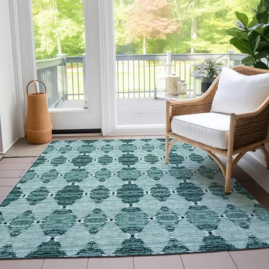 Teal Blue Aqua And Charcoal Moroccan Washable Indoor Outdoor Area Rug Photo 8
