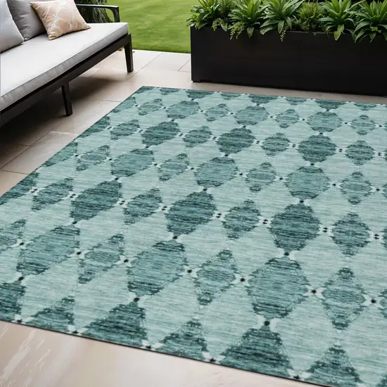 Teal Blue Aqua And Charcoal Moroccan Washable Indoor Outdoor Area Rug Photo 1
