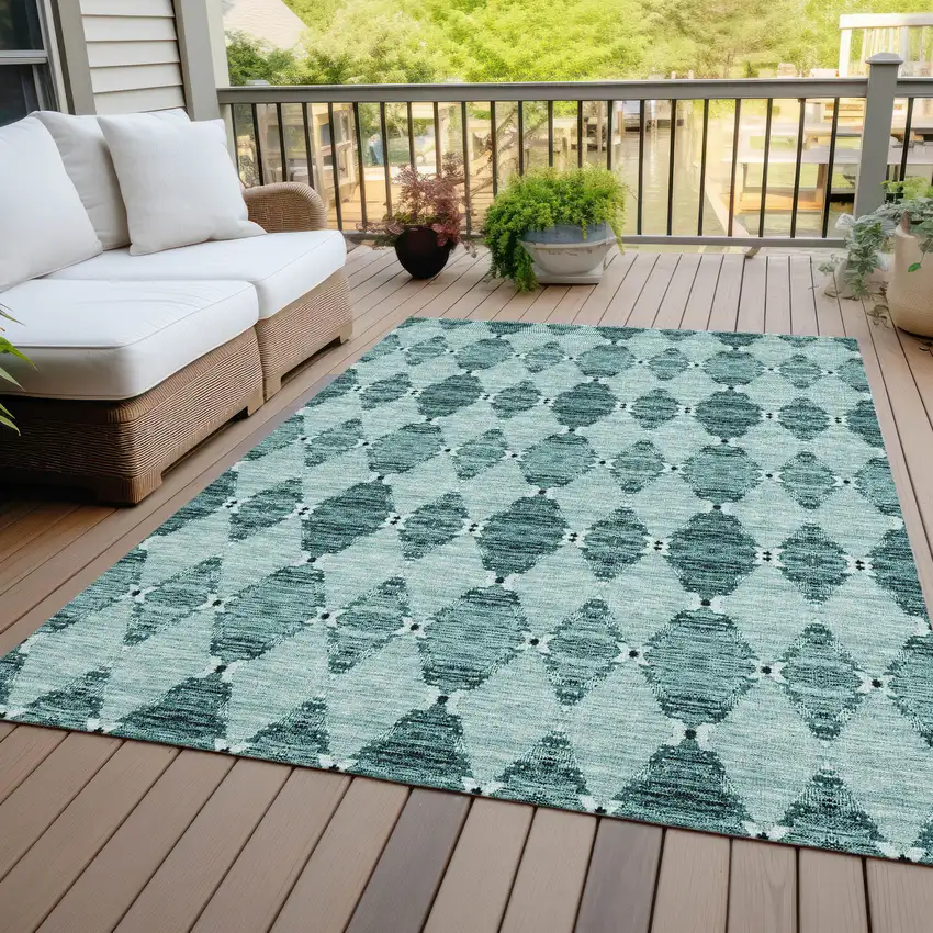 Teal Blue Aqua And Charcoal Moroccan Washable Indoor Outdoor Area Rug Photo 9
