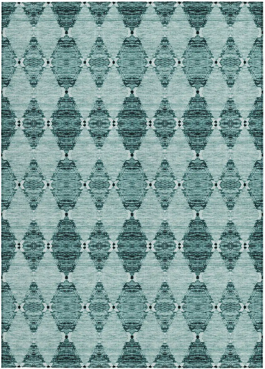 Teal Blue Aqua And Charcoal Moroccan Washable Indoor Outdoor Area Rug Photo 5