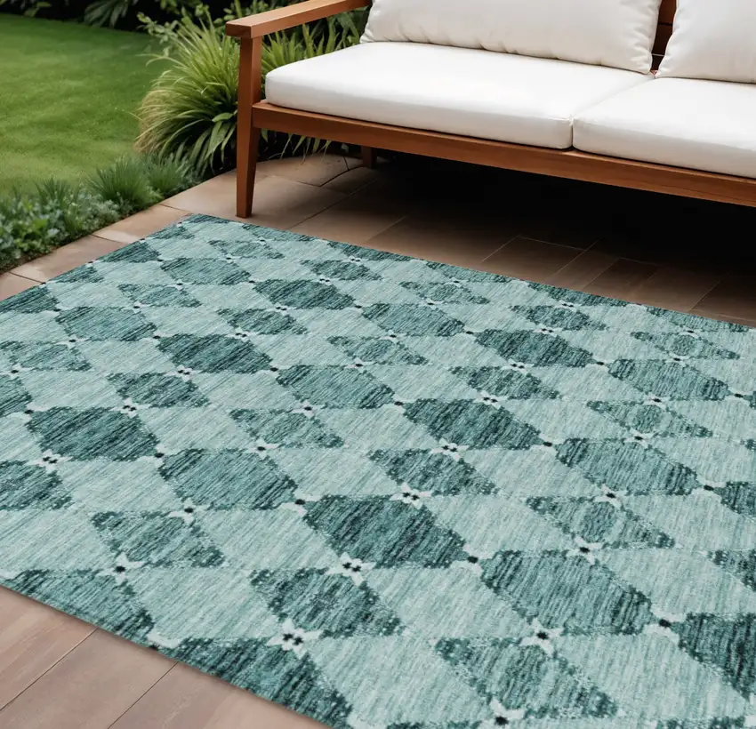 Teal Blue Aqua And Charcoal Moroccan Washable Indoor Outdoor Area Rug Photo 1