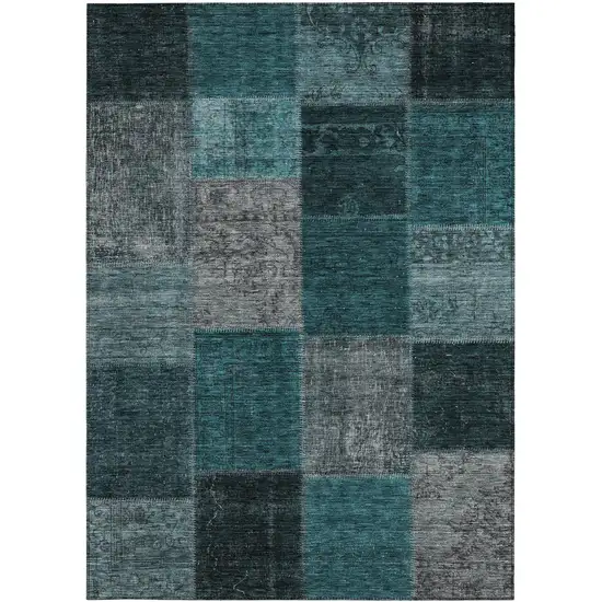 Teal Blue Aqua And Charcoal Patchwork Washable Indoor Outdoor Area Rug Photo 7