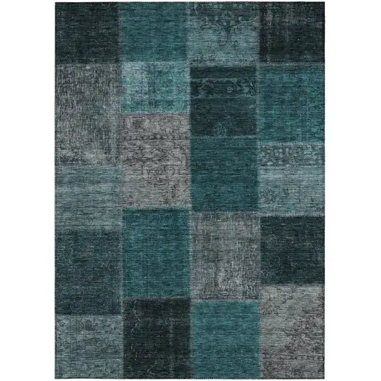 Teal Blue Aqua And Charcoal Patchwork Washable Indoor Outdoor Area Rug Photo 7