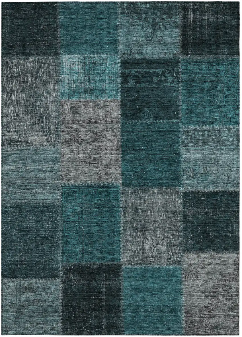 Teal Blue Aqua And Charcoal Patchwork Washable Indoor Outdoor Area Rug Photo 7