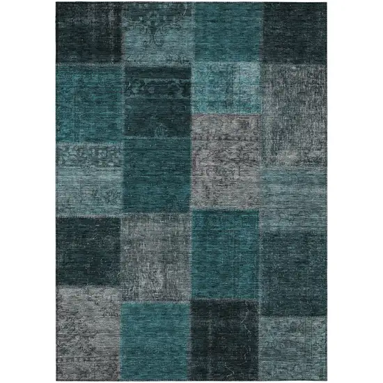 Teal Blue Aqua And Charcoal Patchwork Washable Indoor Outdoor Area Rug Photo 2