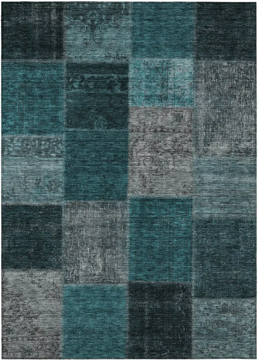 Teal Blue Aqua And Charcoal Patchwork Washable Indoor Outdoor Area Rug Photo 2