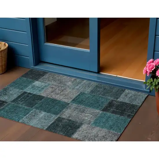 Teal Blue Aqua And Charcoal Patchwork Washable Indoor Outdoor Area Rug Photo 1