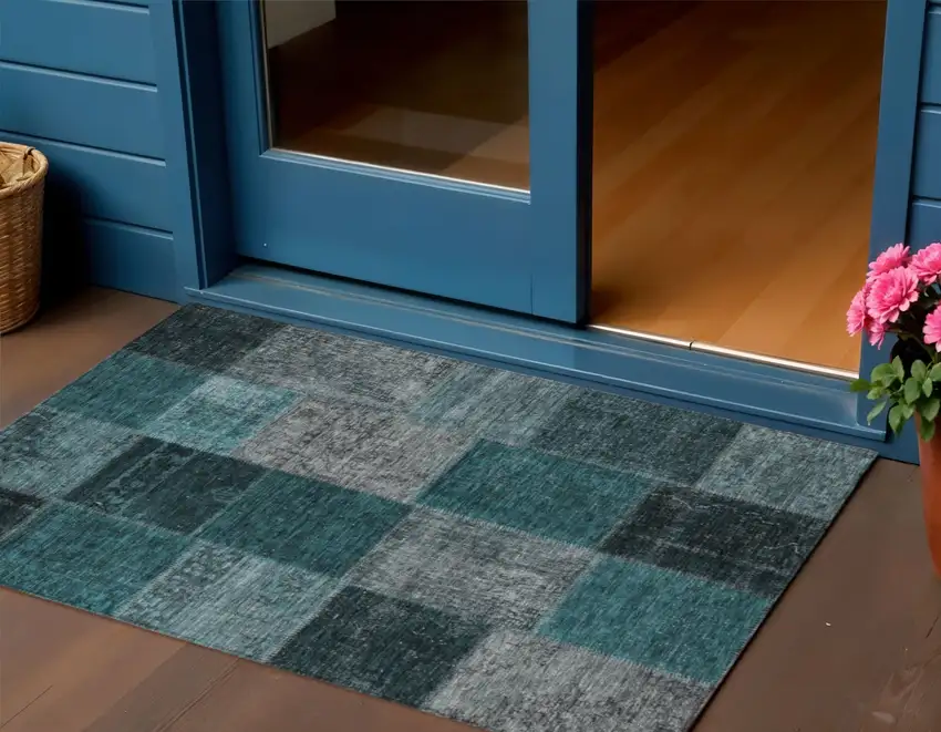 Teal Blue Aqua And Charcoal Patchwork Washable Indoor Outdoor Area Rug Photo 1