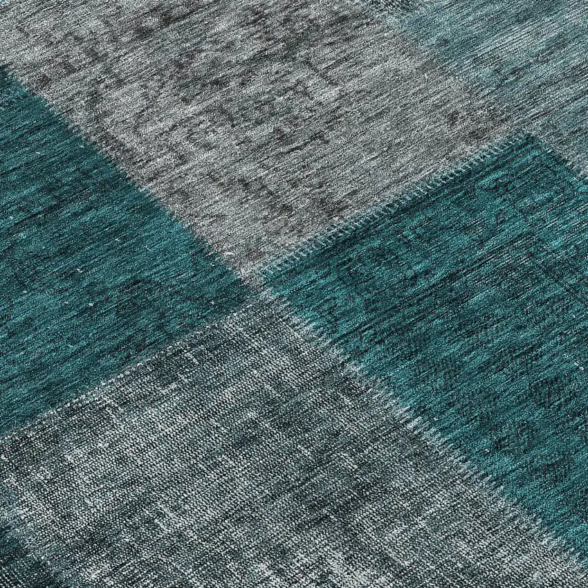 Teal Blue Aqua And Charcoal Patchwork Washable Indoor Outdoor Area Rug Photo 8