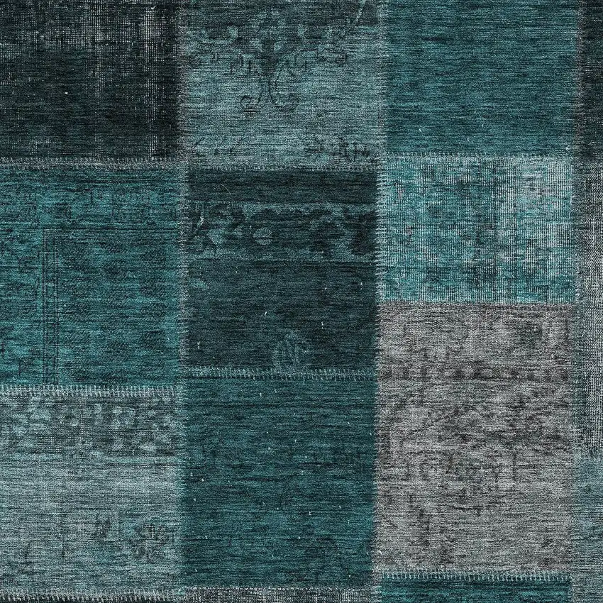 Teal Blue Aqua And Charcoal Patchwork Washable Indoor Outdoor Area Rug Photo 6