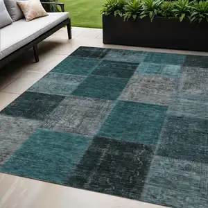 Photo of Teal Blue Aqua And Charcoal Patchwork Washable Indoor Outdoor Area Rug