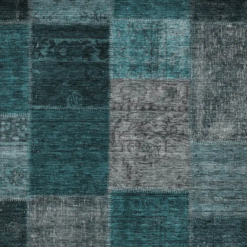 Teal Blue Aqua And Charcoal Patchwork Washable Indoor Outdoor Area Rug Photo 6