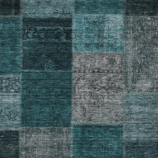 Teal Blue Aqua And Charcoal Patchwork Washable Indoor Outdoor Area Rug Photo 6