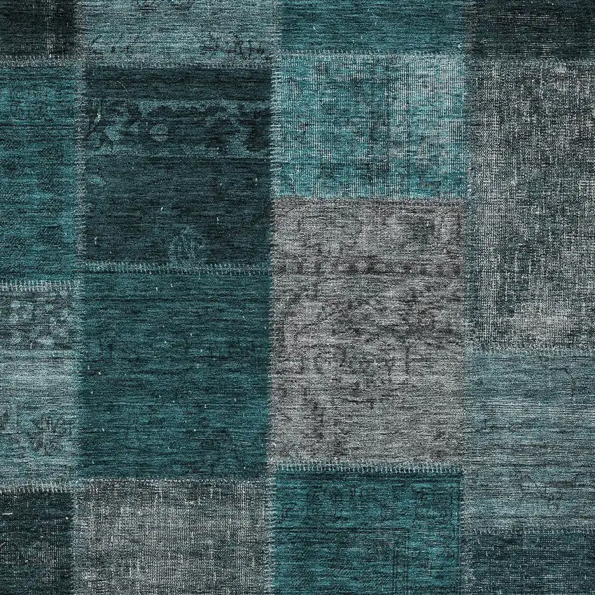 Teal Blue Aqua And Charcoal Patchwork Washable Indoor Outdoor Area Rug Photo 6