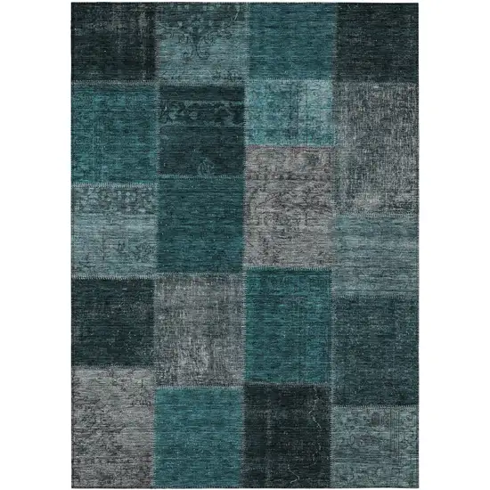 Teal Blue Aqua And Charcoal Patchwork Washable Indoor Outdoor Area Rug Photo 2