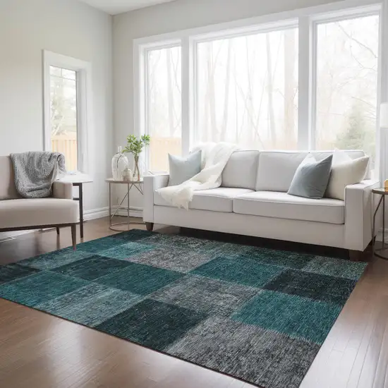 Teal Blue Aqua And Charcoal Patchwork Washable Indoor Outdoor Area Rug Photo 9