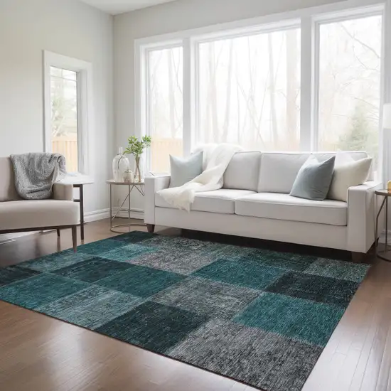 Teal Blue Aqua And Charcoal Patchwork Washable Indoor Outdoor Area Rug Photo 9